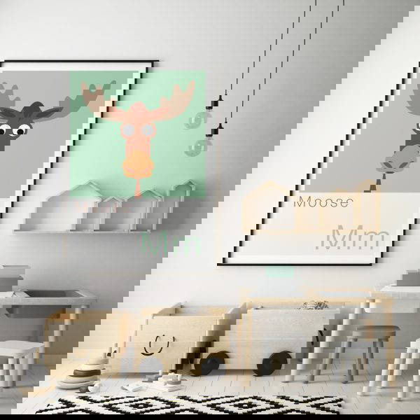 Sage green nursery decor Cute Animal Alphabet nursery print featuring a Moose