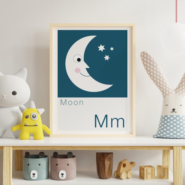 Children's alphabet print featuring a moon resting on shelf in a childs bedroom