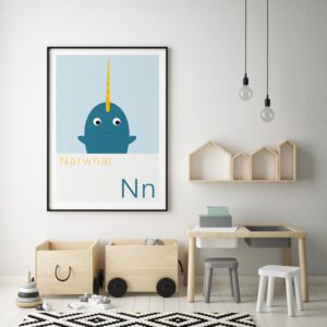 Cute Animal Alphabet nursery print featuring a Narwhal