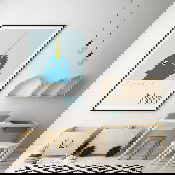 Scandi nursery animal art Cute Animal Alphabet nursery print featuring a Narwhal