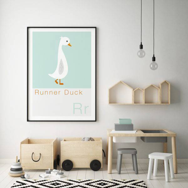 Cute nursery ideas with duck wall art in scandi colours Cute Animal Alphabet nursery print featuring a Runner Duck
