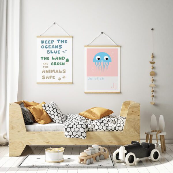 under the sea jellyfish art print framed on the walls of a kids bedroom