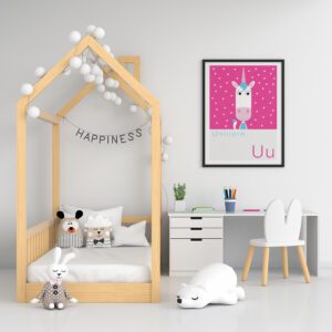 stylish unicorn framed print in childs nursery