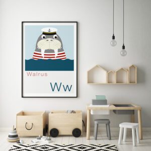 Cute Animal Alphabet nursery print featuring a Walrus in a Sailors Hat