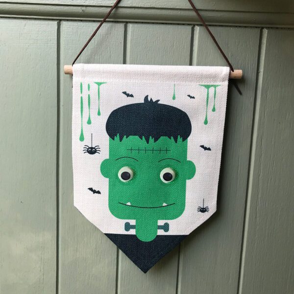 Frankenstein Halloween Flag with glow in the dark googly eyes for a Halloween Party.