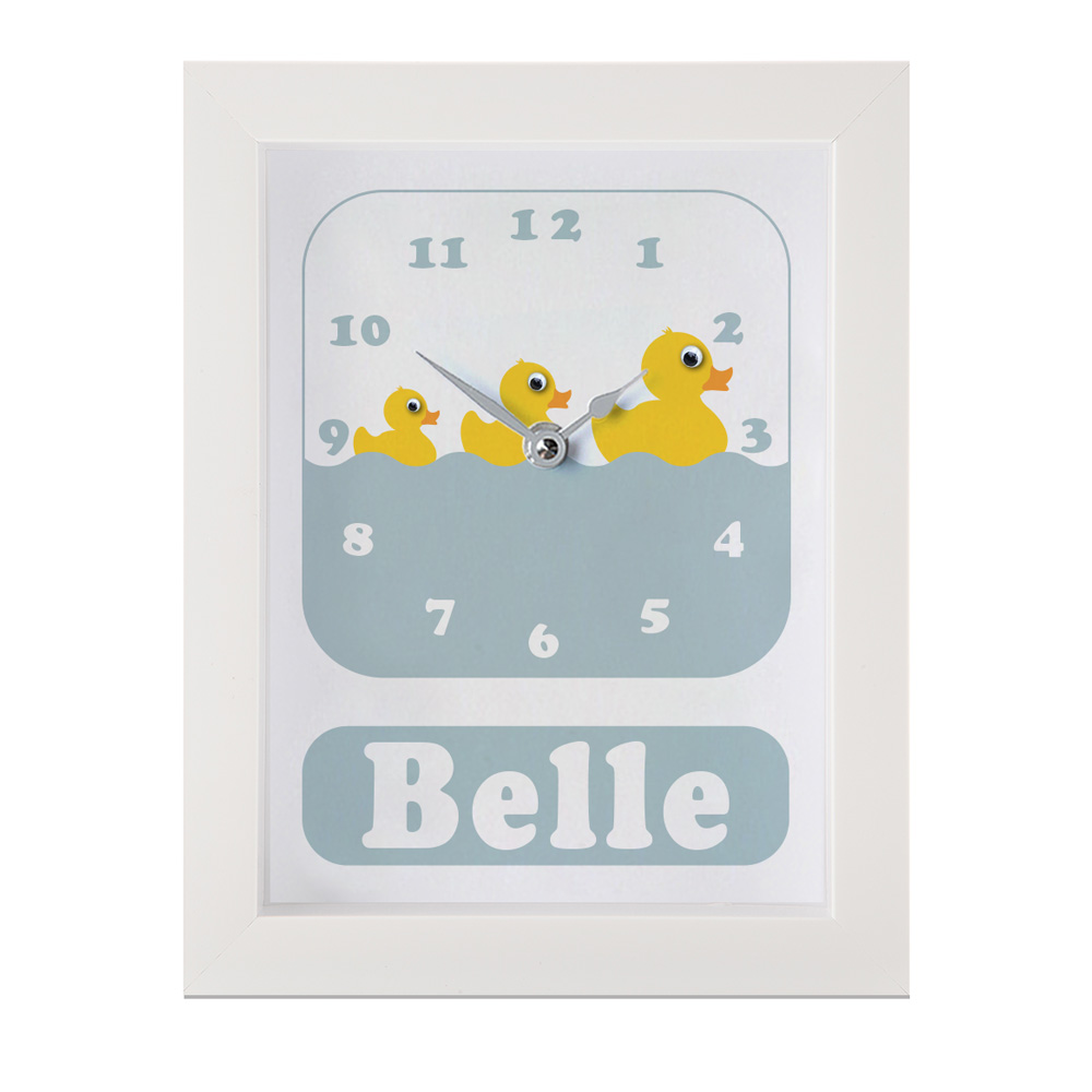 Personalised Children's duck Clock featuring a family of ducks with googly eyes