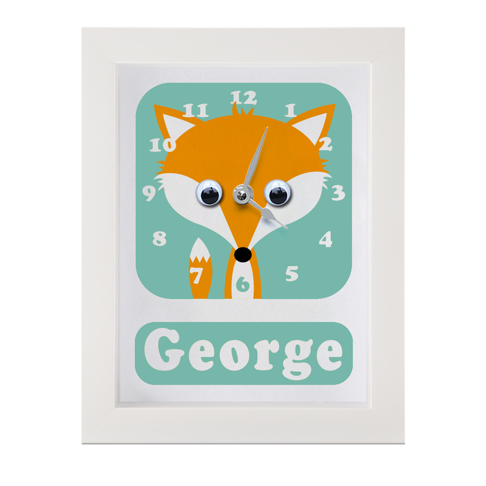 Personalised Children's Clock featuring a Fox with googly eyes