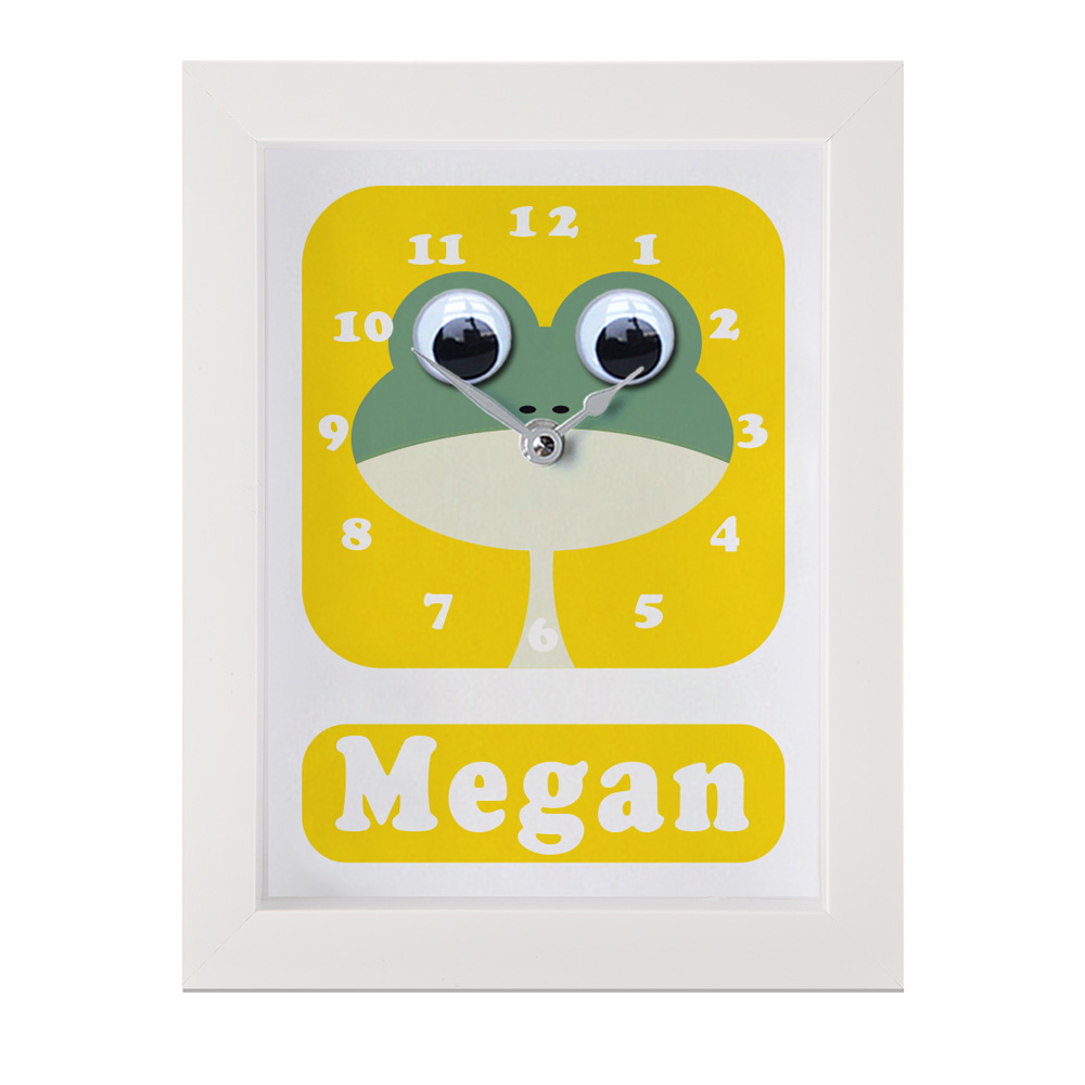 Personalised Children's Clock featuring a frog with googly eyes