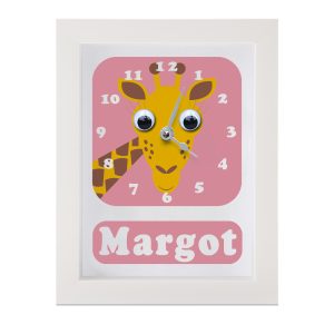 Personalised Children's Clock featuring a giraffe with googly eyes