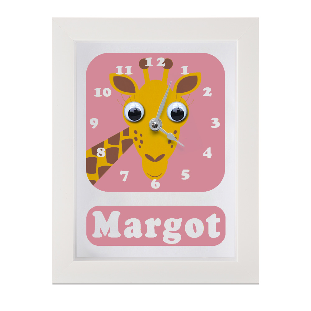 Personalised Children's Clock featuring a giraffe with googly eyes