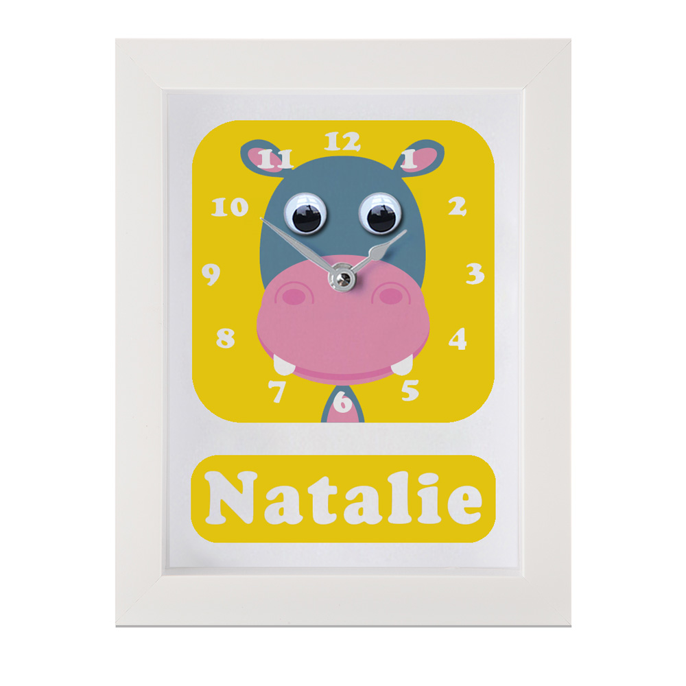 Personalised Children's Clock featuring a Hippo with googly eyes
