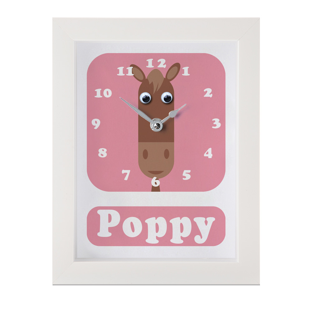 Personalised Children's horse Clock featuring a Horse with googly eyes on a pink background