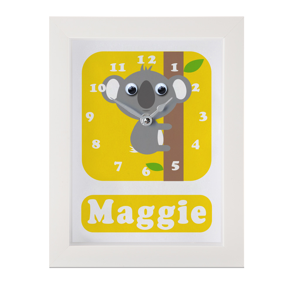 Personalised Children's Clock featuring a Koala with googly eyes
