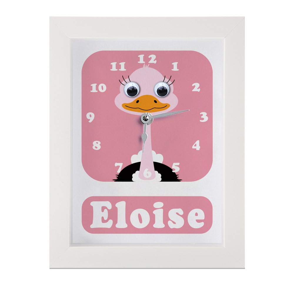 Personalised Children's Clock featuring an Ostrich with googly eyes