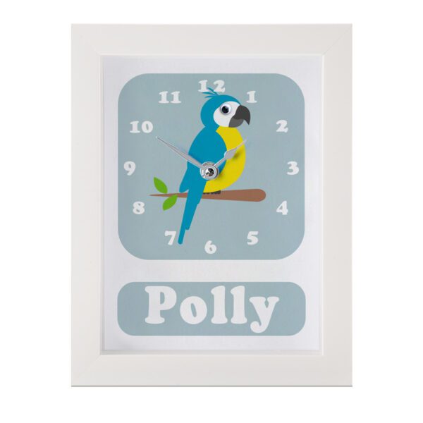 Personalised Children's Clock featuring a parrot with googly eyes