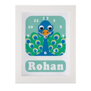 Personalised Children's Clock featuring a Peacock with googly eyes