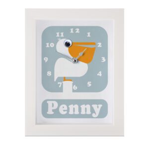 Personalised Children's Clock featuring a Pelican with googly eyes