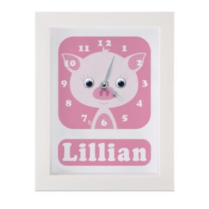 Personalised Children's Clock featuring a pig with googly eyes