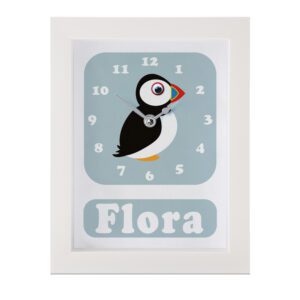 Personalised Children's Clock featuring a Puffin with googly eyes