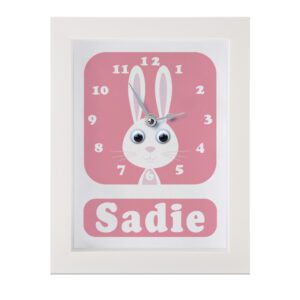 Personalised children's Clock featuring a Rabbit with googly eyes