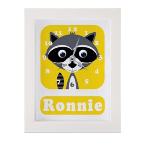 Personalised Children's Clock featuring a Racoon with googly eyes