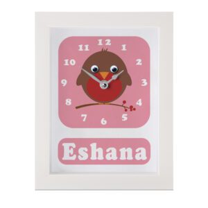 Personalised Children's Clock featuring a Robin with googly eyes