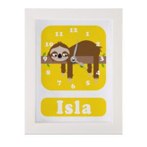 Personalised Children's Clock featuring a Sloth with googly eyes