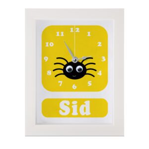 Personalised Children's Clock featuring a spider with googly eyes