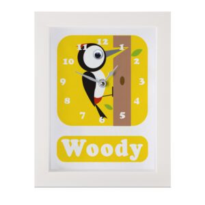 personalised children's clock featuring a Woodpecker with googly eyes