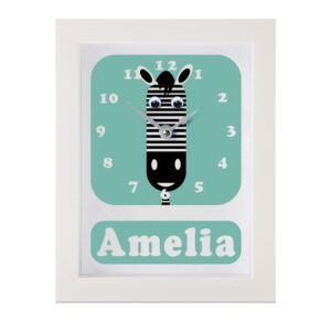 personalised children's clock featuring a Zebra with googly eyes