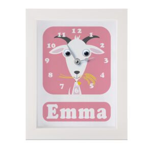 personalised Children's Clock featuring a goat with googly eyes