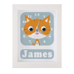 Personalised children's Clock featuring a Ginger Cat with googly eyes