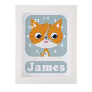 Personalised children's cat Clock featuring a Ginger Cat with googly eyes
