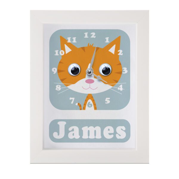Personalised children's cat Clock featuring a Ginger Cat with googly eyes