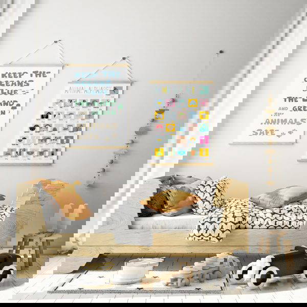 Animal Alphabet print for nursery animal alphabet print in wooden hanger in scandi inspired kids bedroom