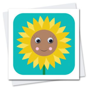 Children's Birthday Card featuring Suki Sunflower with googly eyes.