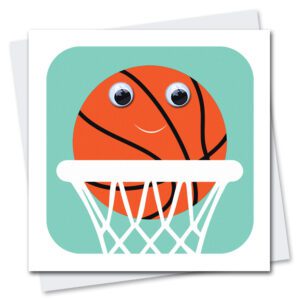 Children's birthday card featuring Barney Basketball with googly eyes