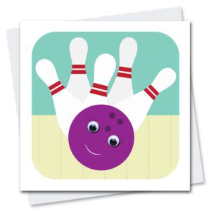 Children's birthday card featuring Bonnie bowling ball with googly eyes