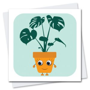 new home card featuring Holly House plant with googly eyes