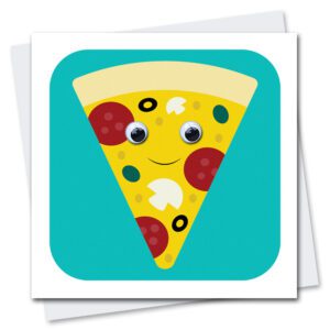 Children's Birthday Card featuring Piero Pizza with googly eyes.