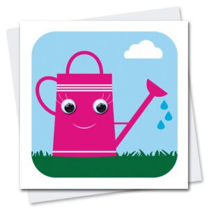 Children's Birthday Card featuring Willow watering can with googly eyes.