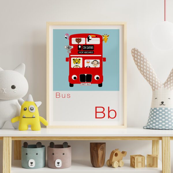 Children's Alphabet print featuring a London Bus with animals aboard