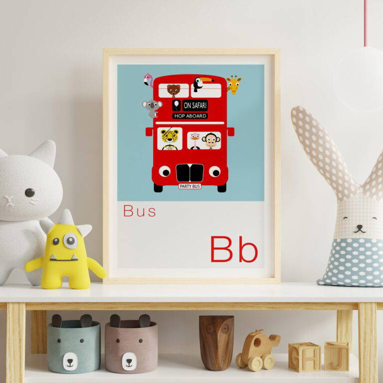 Children's Alphabet print featuring a London Bus with animals aboard