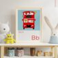 Children's Alphabet print featuring a London Bus with animals aboard