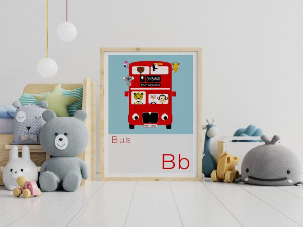 Cute Animal Alphabet nursery print featuring a london Bus with animals aboard