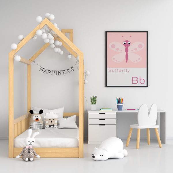 Butterfly Alphabet Print in kids Bedroom butterfly pink Artwork print framed in a childs bedroom wall