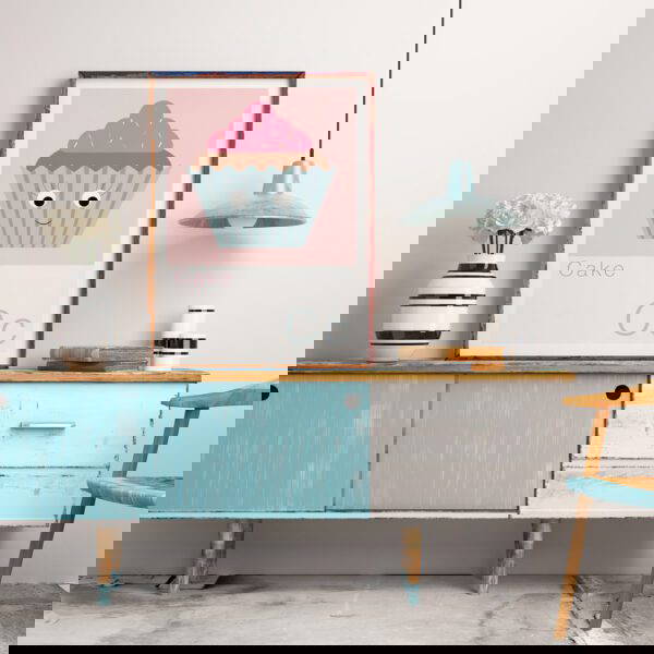 Cake-Art-Print cupcake print on sideboard in trendy flat