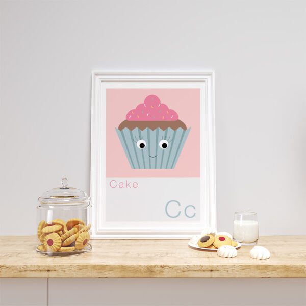 Cake Art Print in kitchen cupcake artwork featuring in a bakers shop shelf