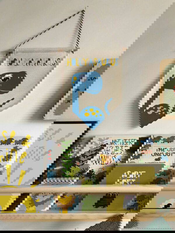 Dinosaur-hanging-Flag-blue-and-yellow Dinosaur flag hung up in childs room