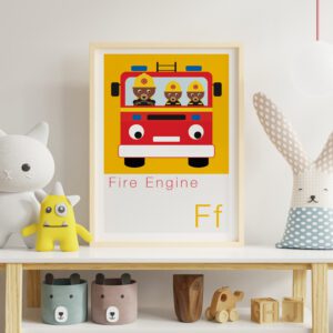 children's alphabet print featuring a Fire Engine with 3 bears aboard
